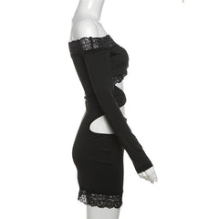 Long sleeve off shoulder lace hem hollow out mini dress