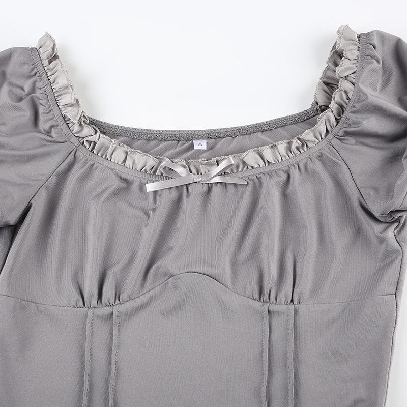 Short puff sleeve stitch ruffle bowknot top