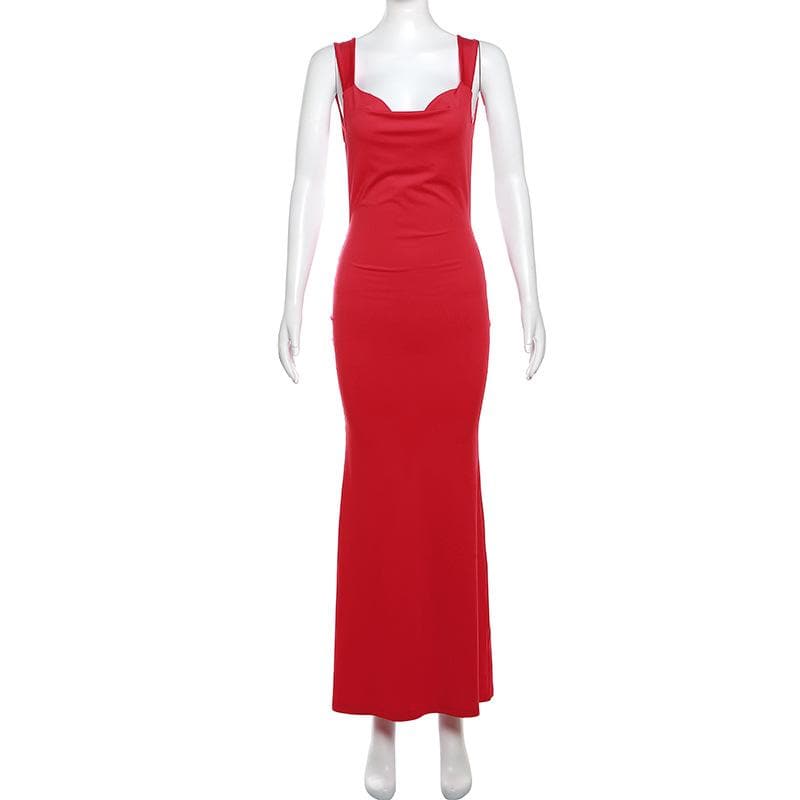 Cowl neck bowknot backless solid cami maxi dress  | red tango dress