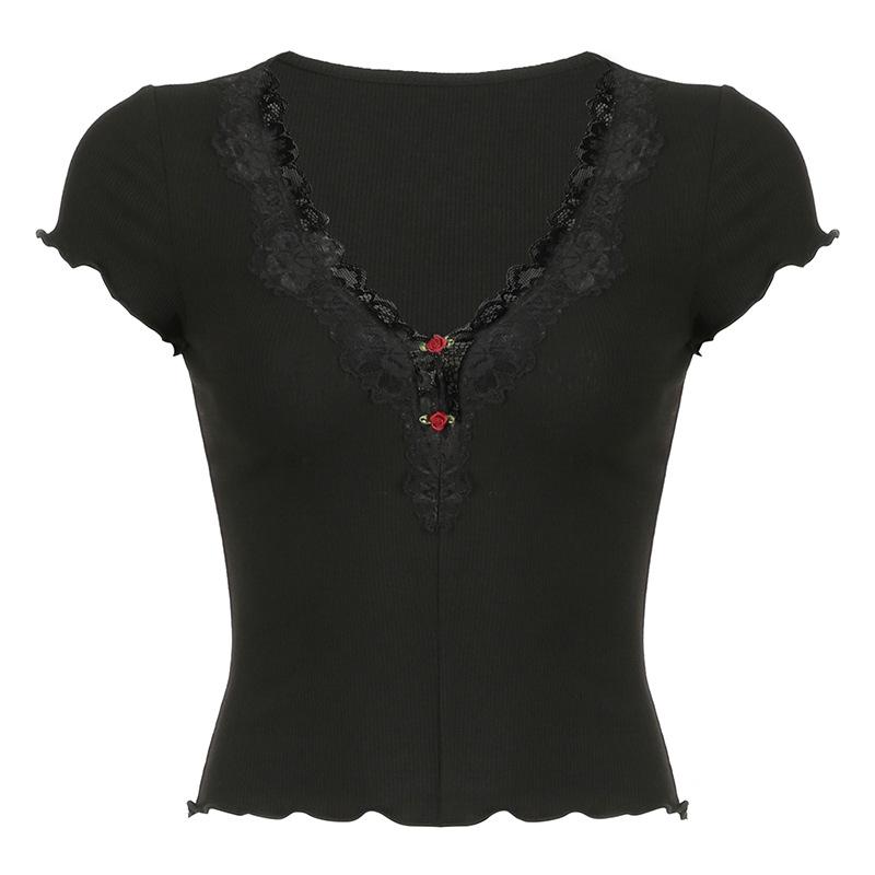 Short sleeve v neck ruffle lace hem ribbed top