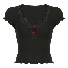 Short sleeve v neck ruffle lace hem ribbed top