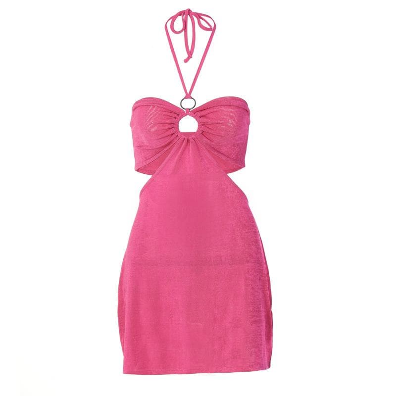 Hollow out solid o ring halter self tie backless mini dress  | red tango dress