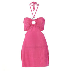 Hollow out solid o ring halter self tie backless mini dress  | red tango dress