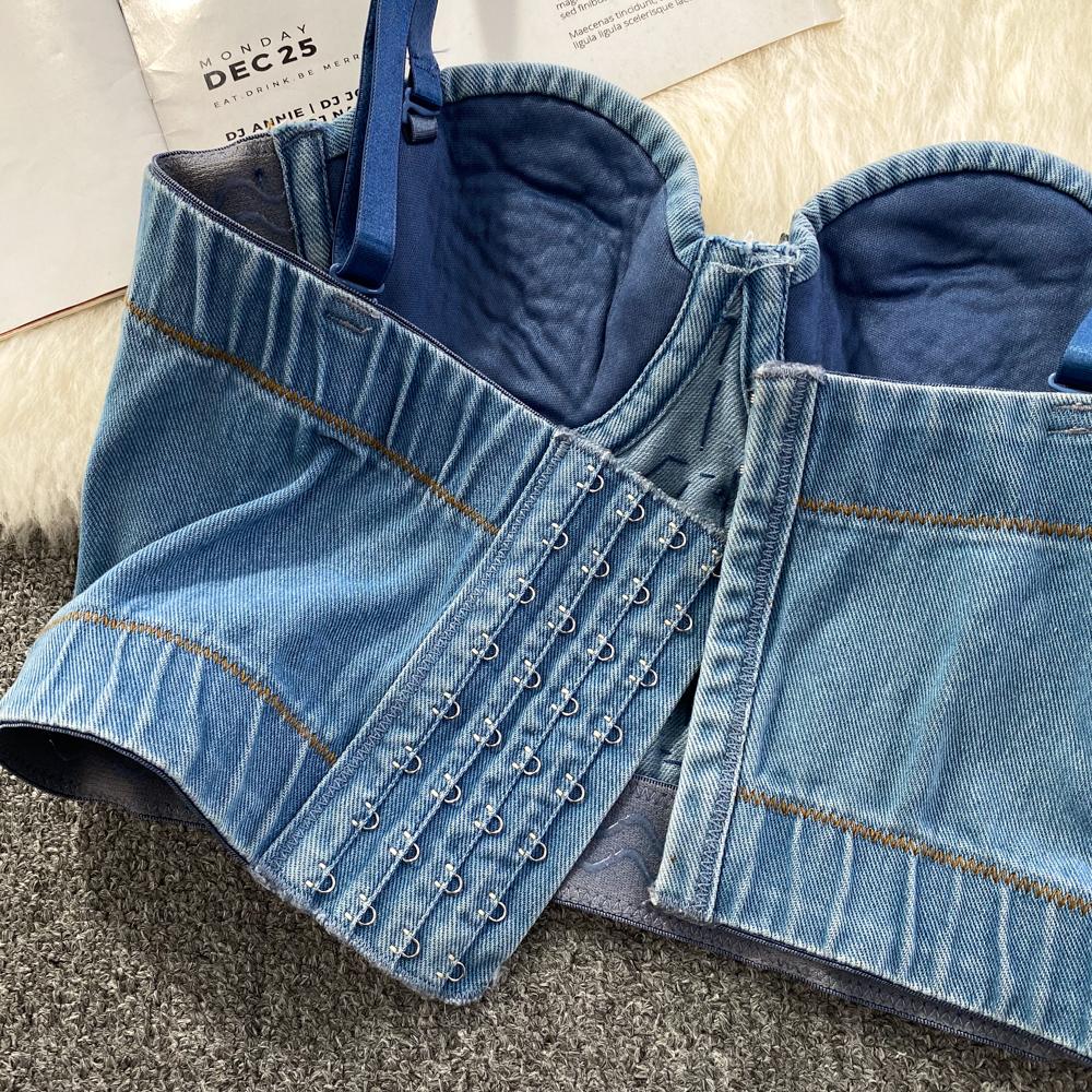 Sweetheart neck padded denim beaded cami top