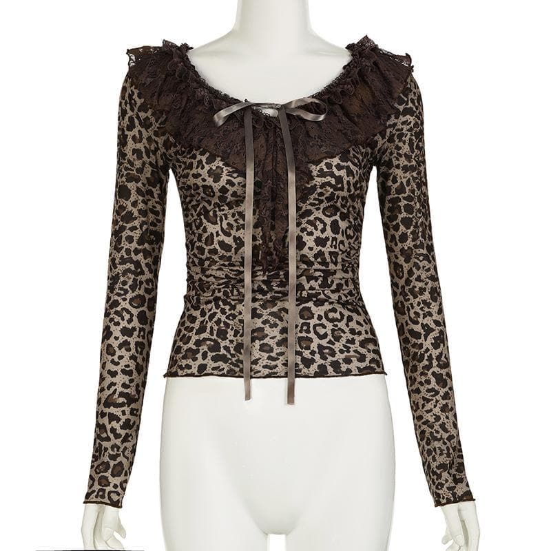 Long sleeve ruffle leopard print bowknot ribbon top