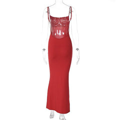 Square neck backless solid sleeveless cami maxi dress  | red tango dress