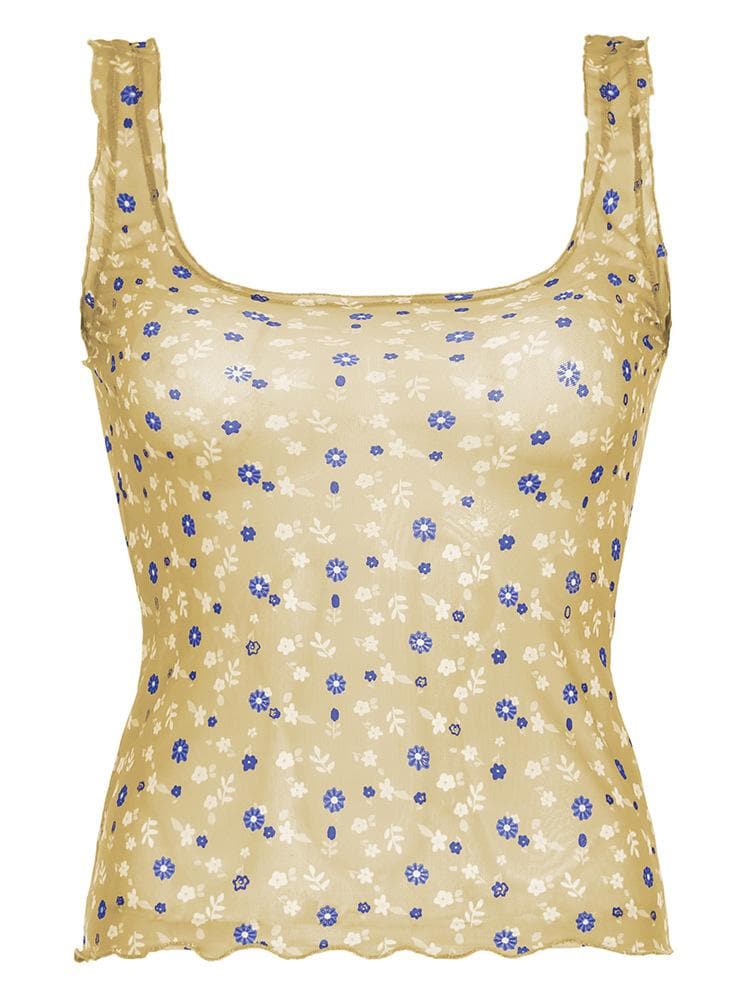 Square neck ruffle sheer mesh flower print tan tank top