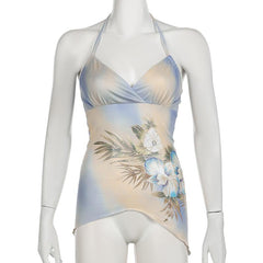 Halter v neck print tie dye ruched knotted backless top