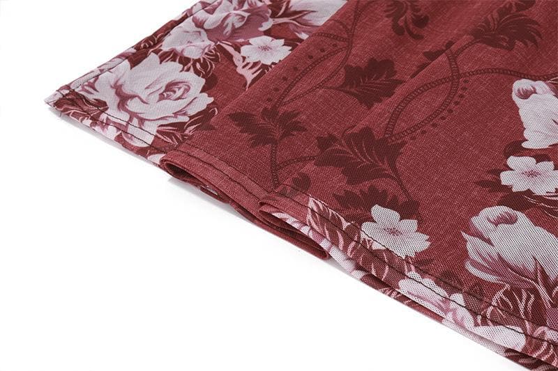 Flower print v neck backless mesh contrast cami midi dress  | red tango dress