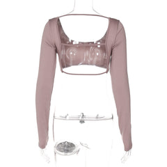Long sleeve u neck backless solid top