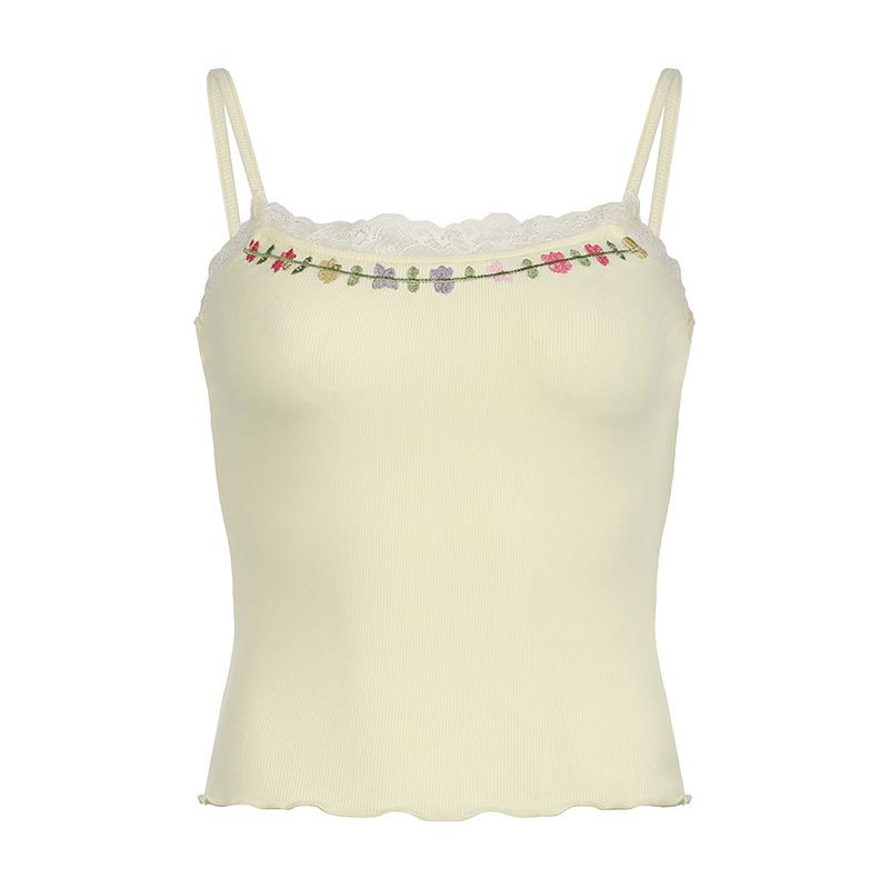 U neck ribbed embroidery ruffle cami top