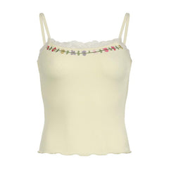 U neck ribbed embroidery ruffle cami top