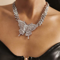 Butterfly pendant rhinestone cuban necklace