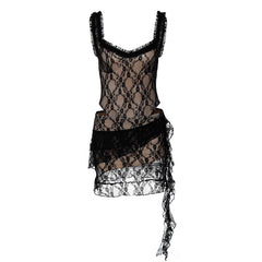 Lace ruffle ruched hollow out cami mini dress