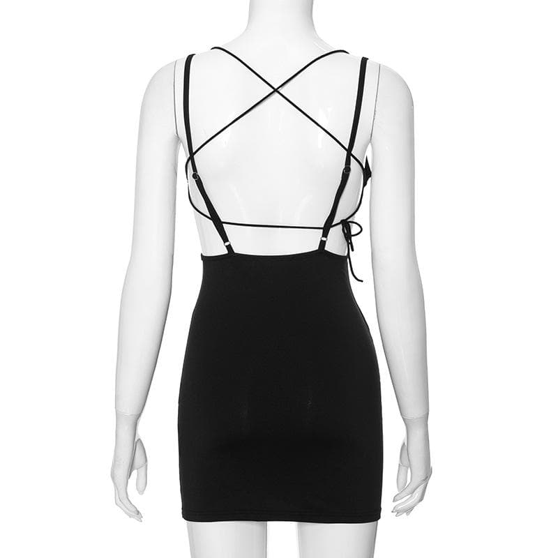 Hollow out cross back backless cami cut out mini dress  | black rave dress