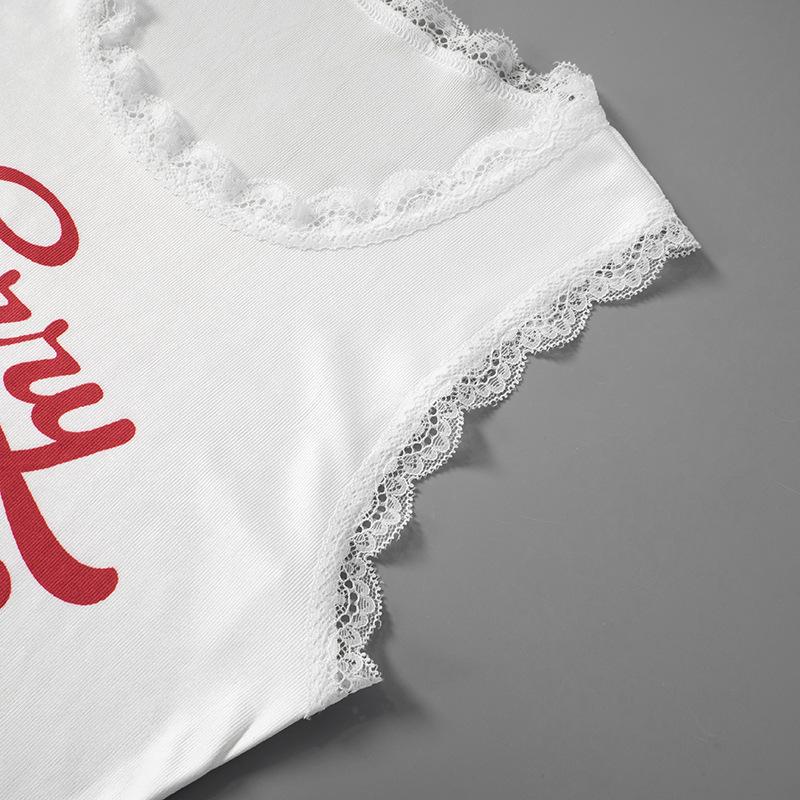 Lace hem fruit letter print u neck tank top
