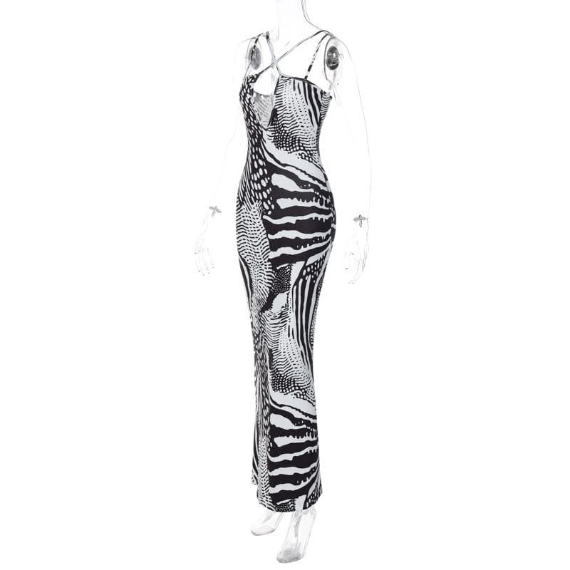 Contrast print cross front backless low cut maxi dress  | black rave dress  | black rave dress