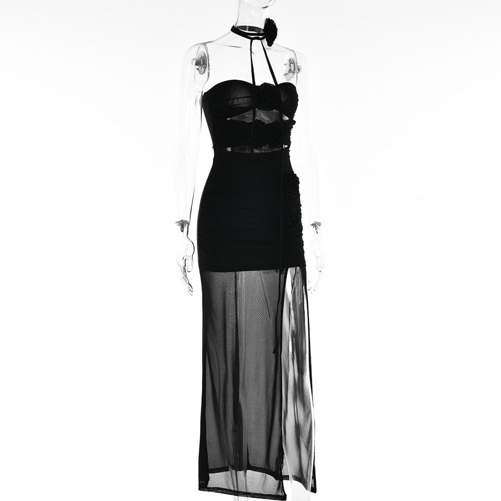 Flower applique sheer mesh hollow out solid backless zip-up slit tube midi dress  | samba dress