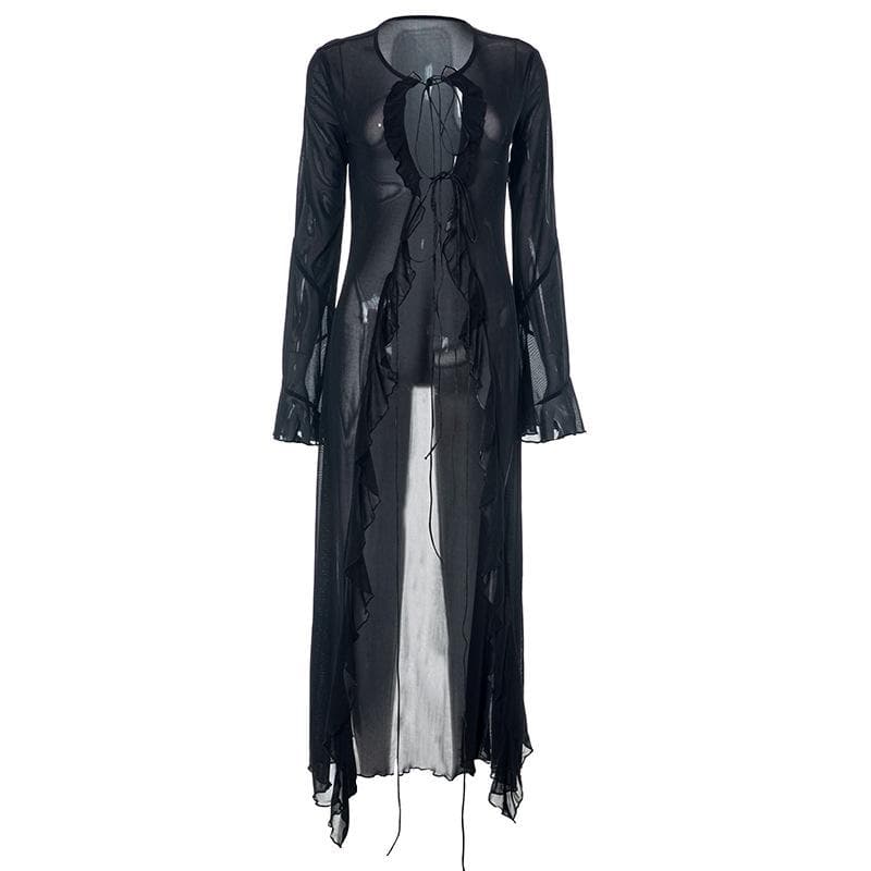 Flared sleeve ruffle sheer mesh see through self tie maxi dress  | samba dress