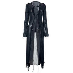 Flared sleeve ruffle sheer mesh see through self tie maxi dress  | samba dress