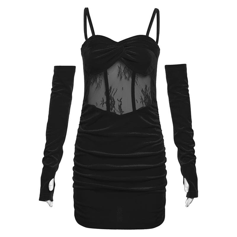 Velvet gloves ruched mesh backless cami mini dress  | red tango dress