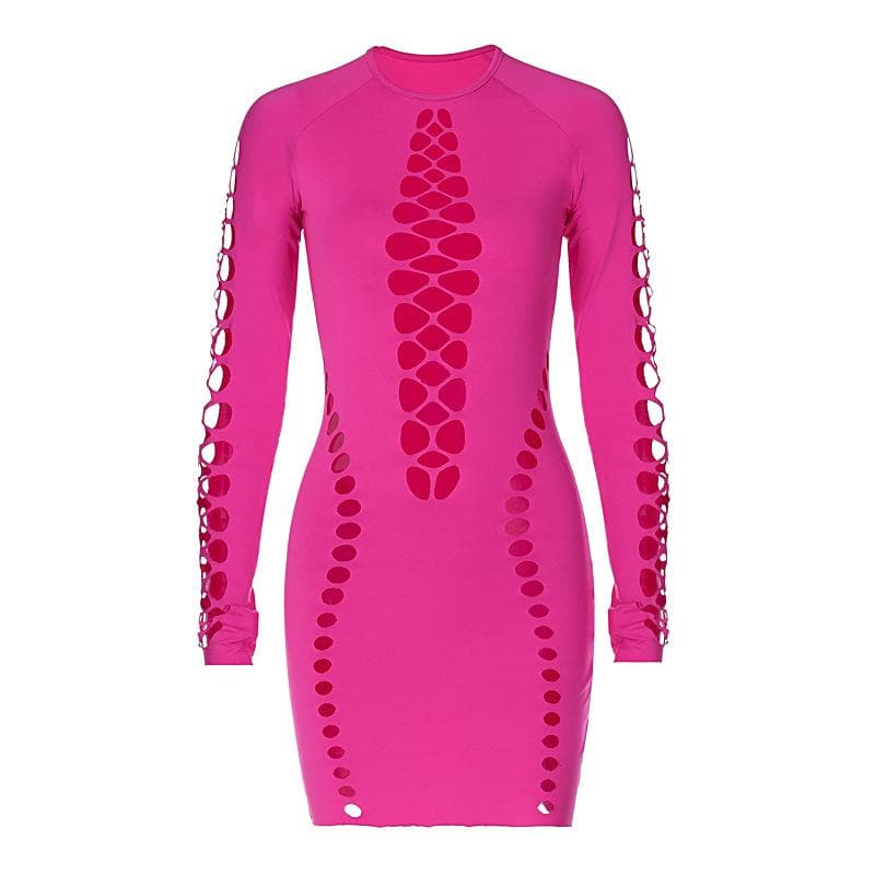 Hollow out long sleeve solid crewneck mini dress  | red tango dress