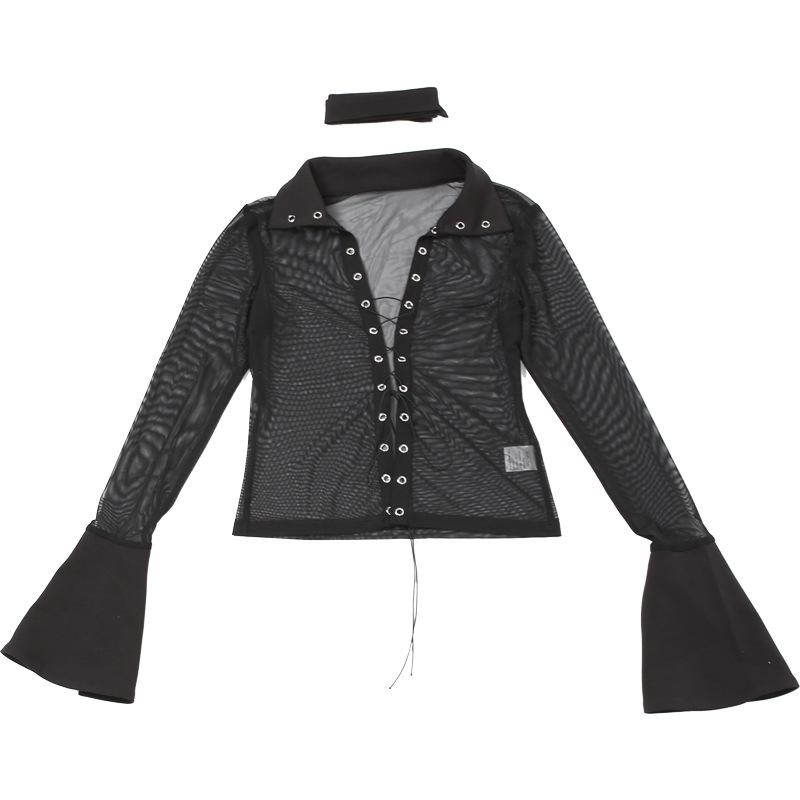 Turnover collar long sleeve mesh self tie top