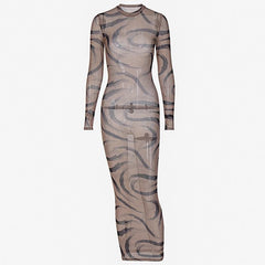 Sheer mesh see through long sleeve contrast print maxi dress  | samba dress