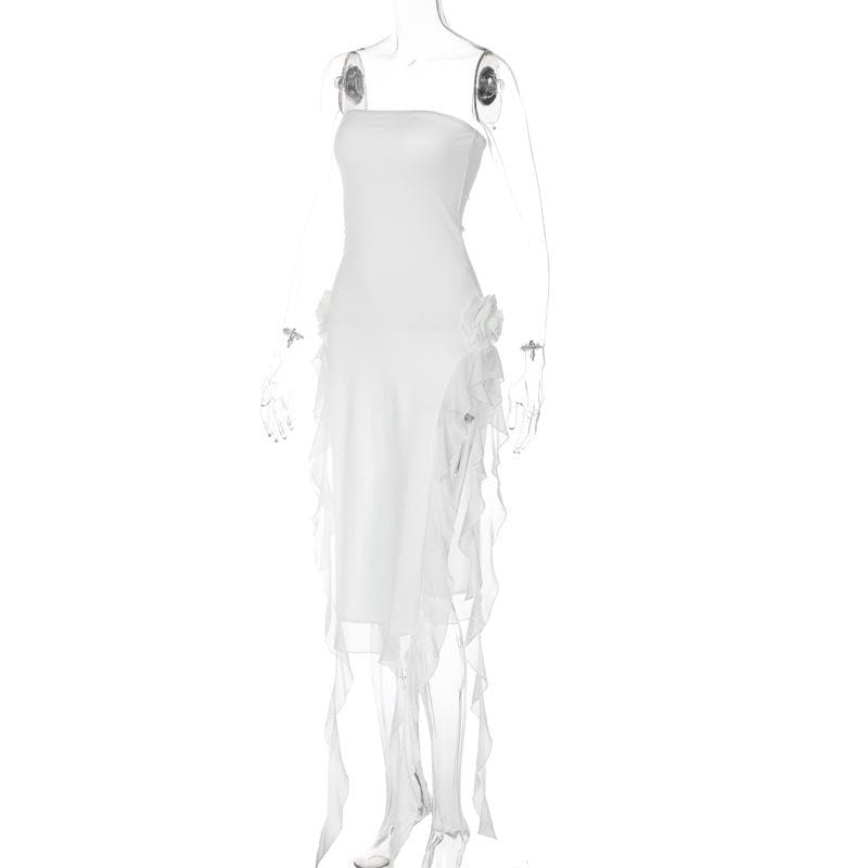 Flower applique solid backless ribbon slit tube maxi dress  | red tango dress