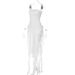 Flower applique solid backless ribbon slit tube maxi dress  | red tango dress