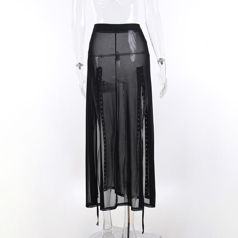 Sheer mesh see through lace up slit solid maxi dress  | samba dress