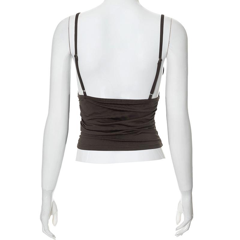 Ruched v neck solid backless cami top