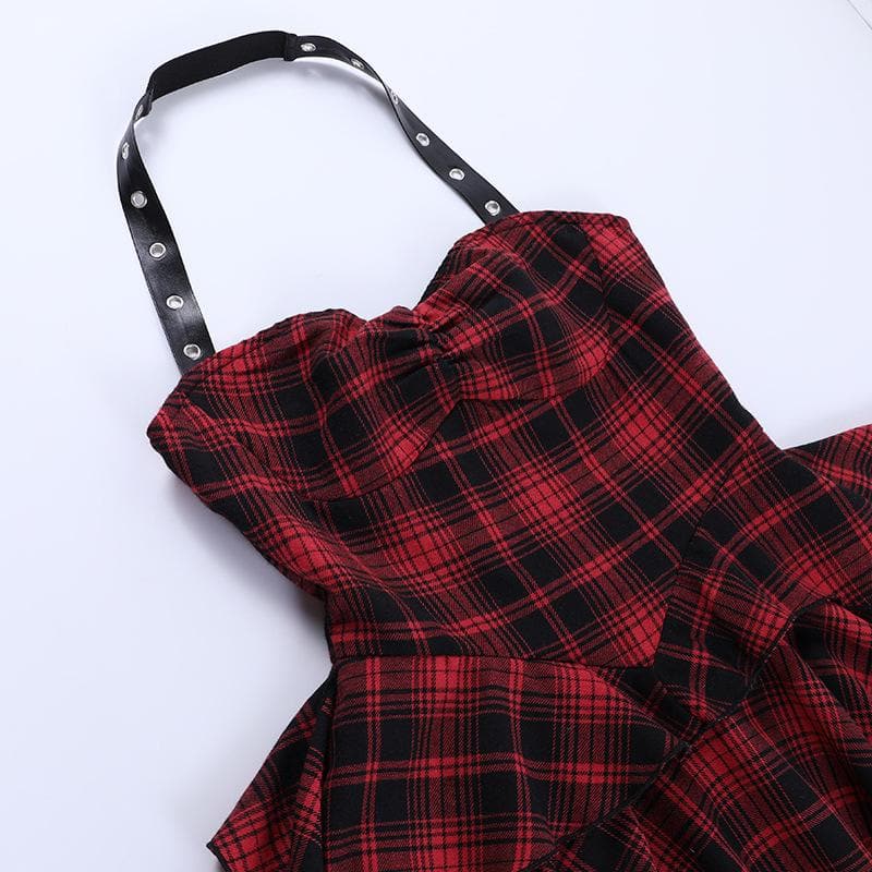 Zip-up halter contrast irregular plaid backless mini dress  | red tango dress