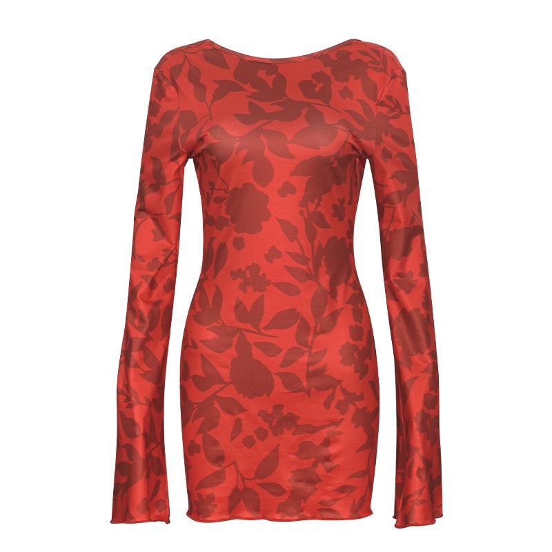 Long sleeve leopard print self tie backless mini dress