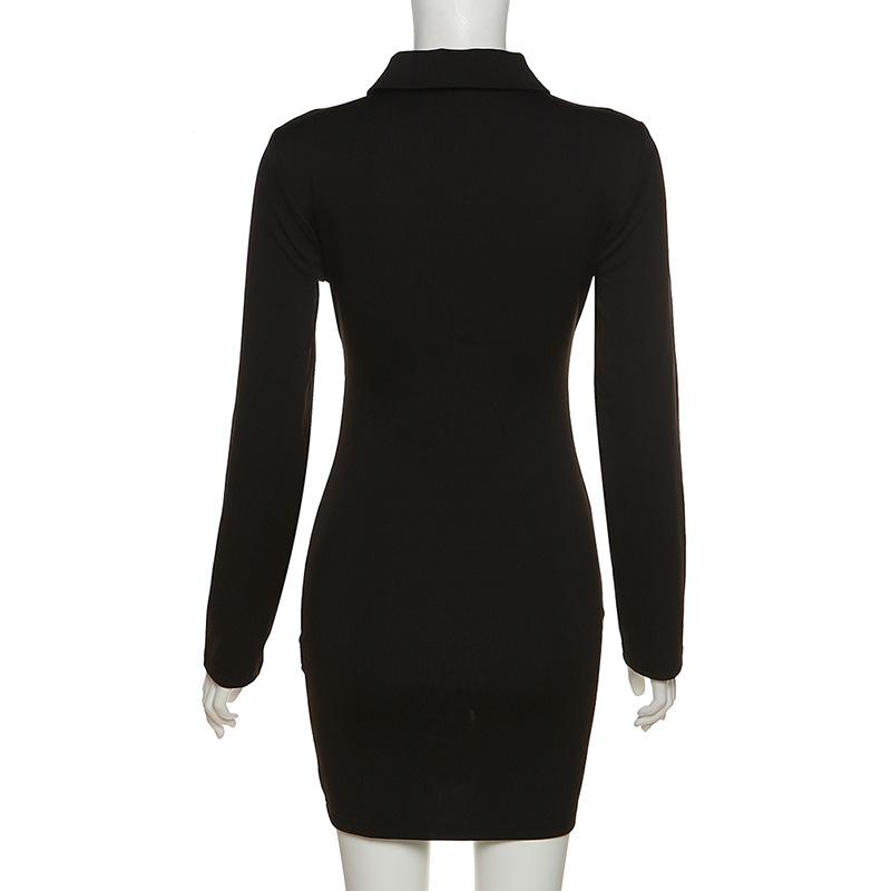 Long sleeve turnover collar button hollow out mini dress