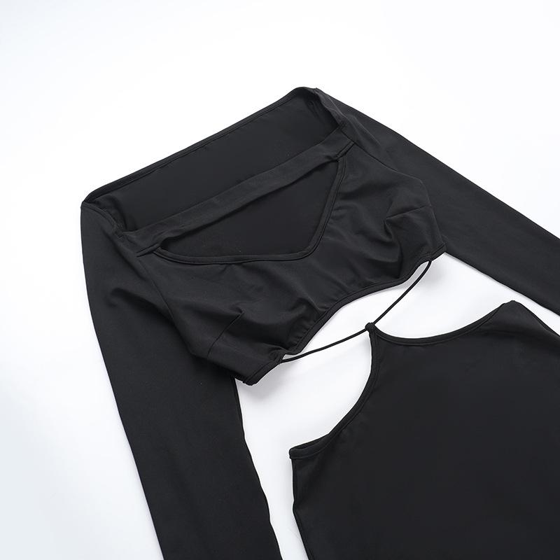 Long sleeve hollow out solid maxi dress