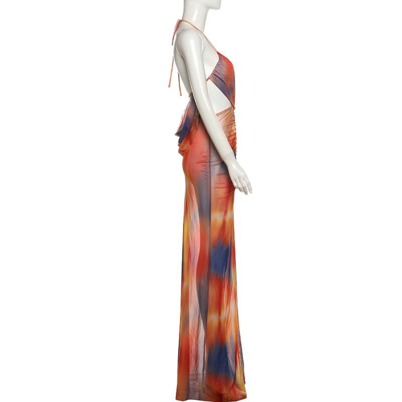 Ruched halter self tie sheer mesh print high slit maxi dress  | samba dress
