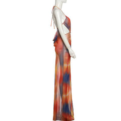 Ruched halter self tie sheer mesh print high slit maxi dress  | samba dress