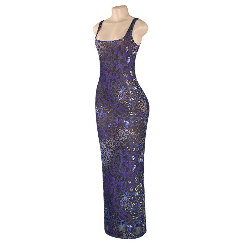 Print u neck hollow out sheer mesh cami maxi dress  | samba dress