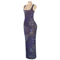 Print u neck hollow out sheer mesh cami maxi dress  | samba dress
