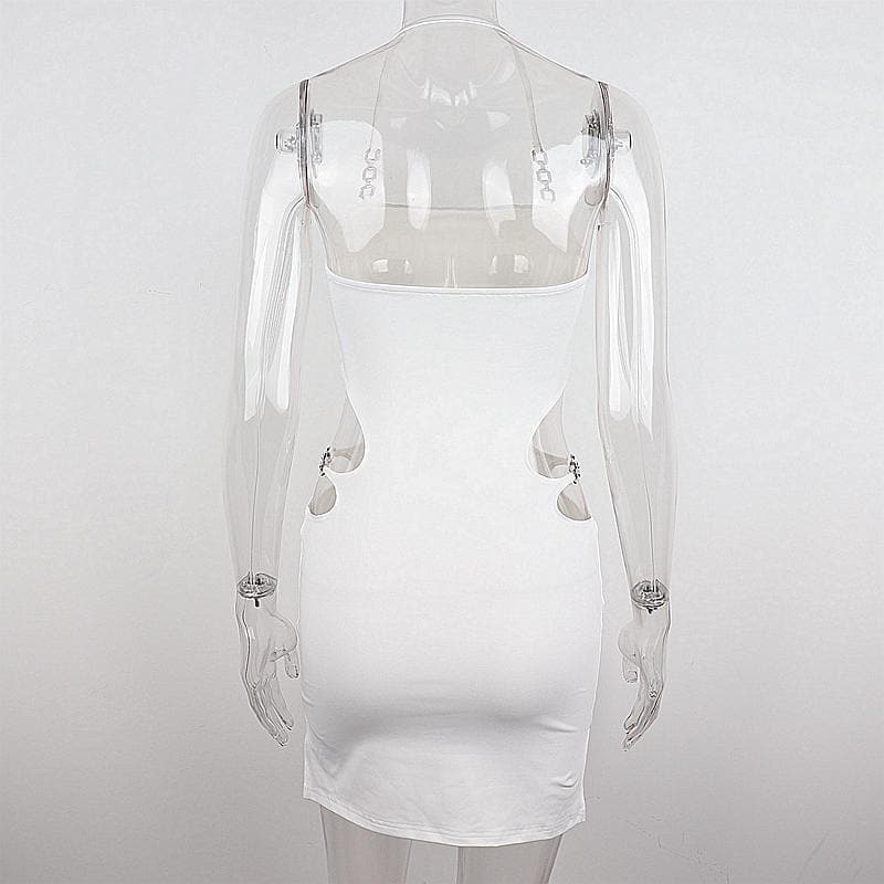 Halter metal chain hollow out backless solid mini dress