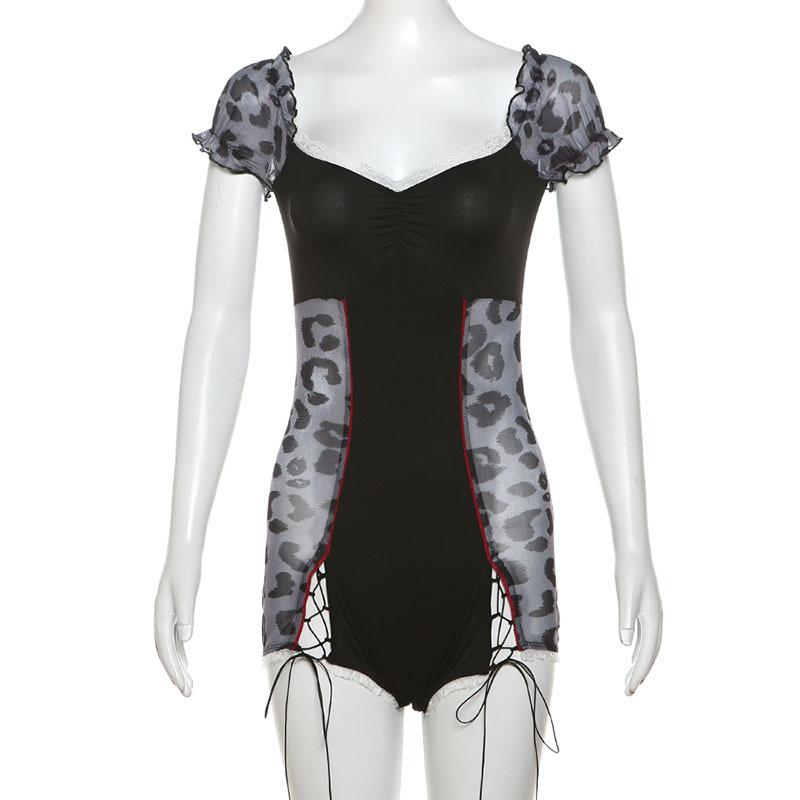 Short puff sleeve leopard print lace hem romper