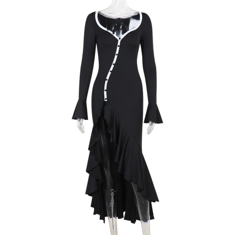 Long flared sleeve v neck button slit ruffle maxi dress