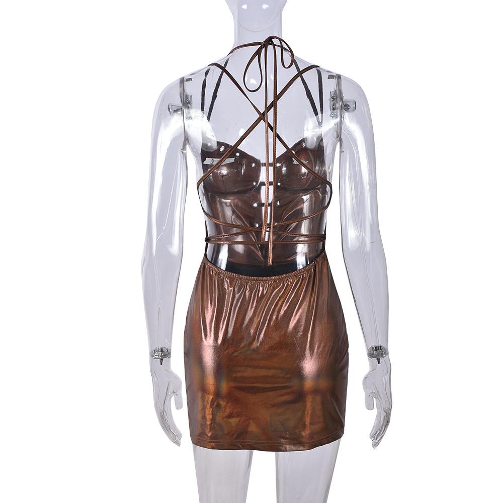 Halter lace up metallic v neck cami mini dress