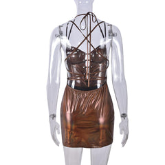 Halter lace up metallic v neck cami mini dress