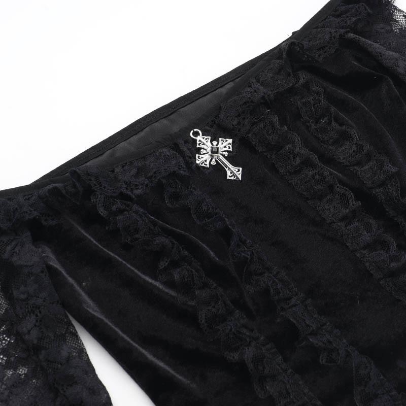 Long flared off shoulder lace cross applique top