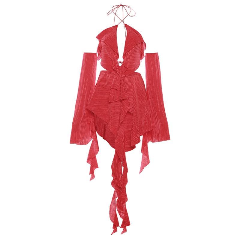 Textured gloves ruffle solid hollow out halter backless mini dress  | red tango dress