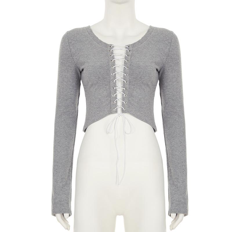 Long sleeve crewneck lace up crop top