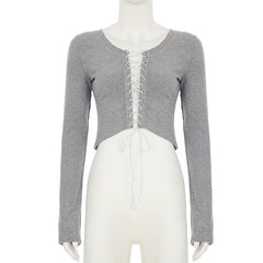 Long sleeve crewneck lace up crop top
