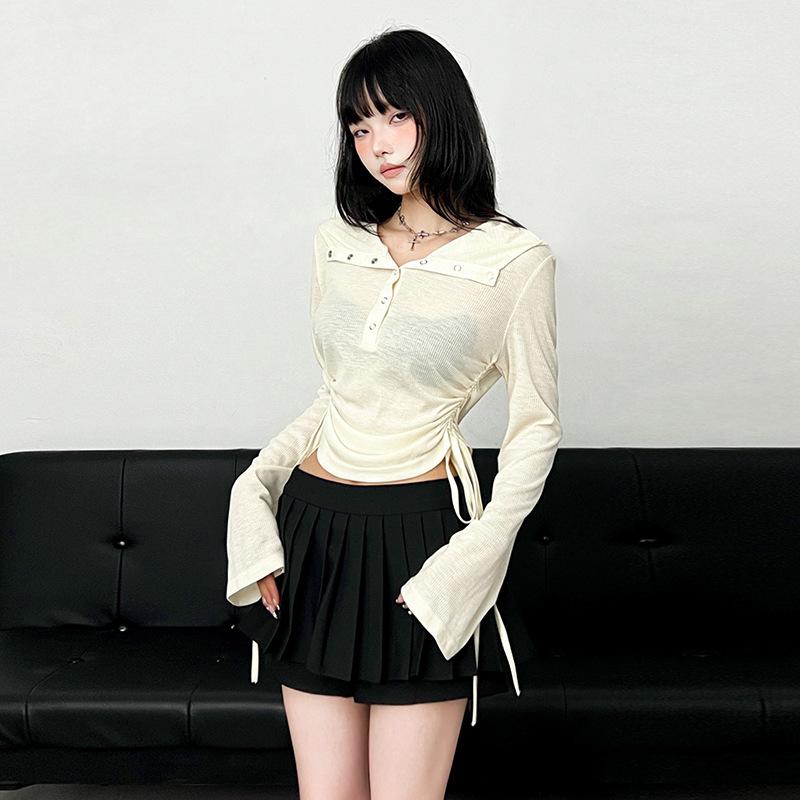 Hoodie long sleeve button drawstring ruched top